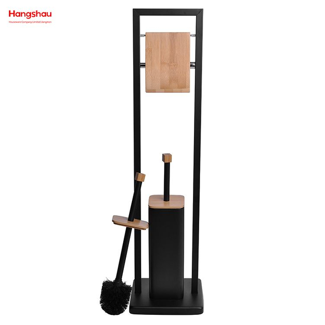 حامل فرشاة المرحاض المصنوع من الخيزران والمعدن المطلي بمسحوق أسود، فرشاة تواليت معدنية قائمة بذاتها من الفولاذ المقاوم للصدأ وحامل ورق 