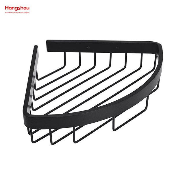 رف زاوية للحمام من الألومنيوم الأسود مع علبة دش معدنية، رف تخزين الحمام، رف جداري، دعامة مثبتة على الحائط