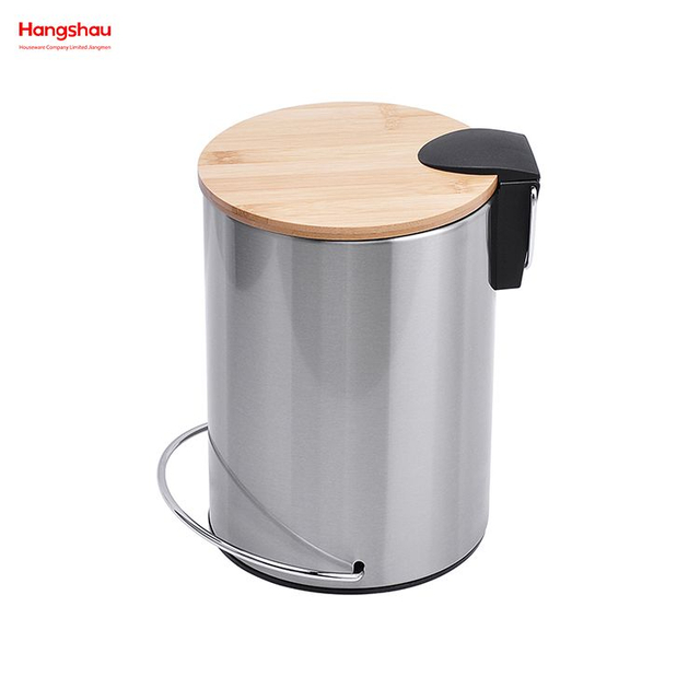 3L الفولاذ المقاوم للصدأ دواسة مستديرة سلة المهملات سلة المهملات غطاء الخيزران مسحوق الطلاء لسلة المهملات في الأماكن المغلقة المنزلية شريط دواسة سلة النفايات صناديق الغبار الخيزران 