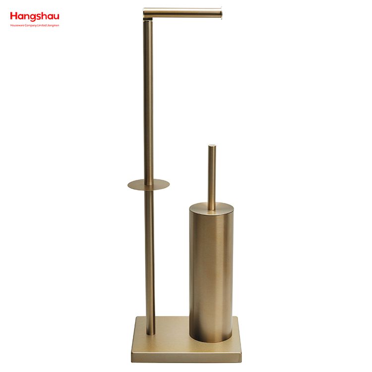حامل فرشاة تواليت معدني مصقول ومضاد لبصمات الأصابع من البرونز الذهبي، حامل فرشاة تواليت من الفولاذ المقاوم للصدأ قائم بذاته وحامل ورق قائم 