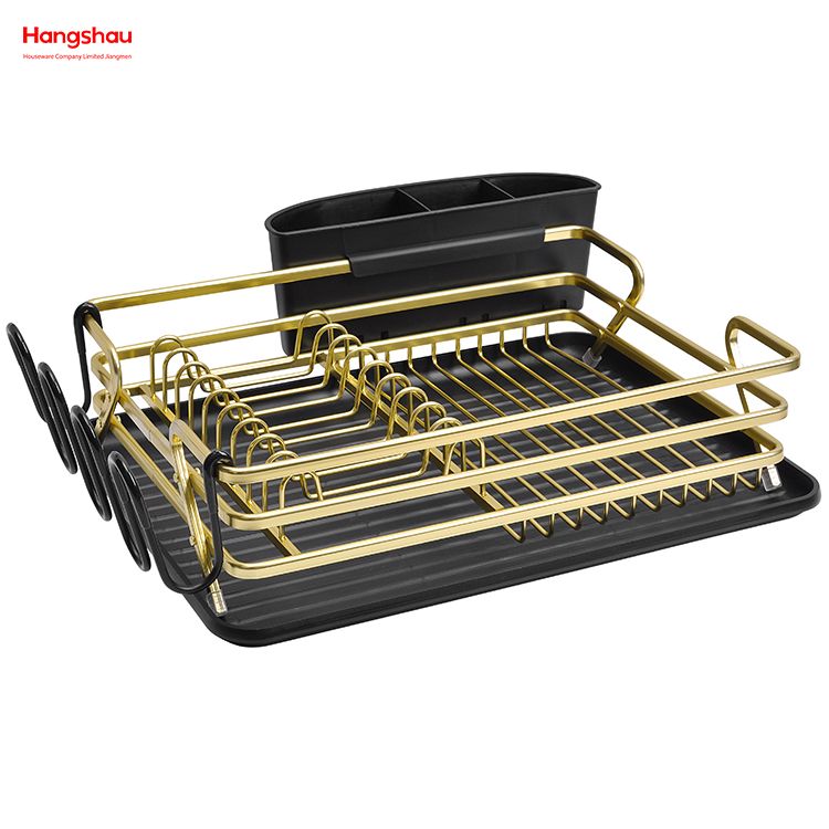 رف أطباق من سبائك الألومنيوم باللون الأسود الذهبي فوق المغسلة منظم لتجفيف المعادن وطبق بلاستيكي ورف للمطبخ وحامل أطباق ورف أطباق ورف أطباق وحامل أكواب 