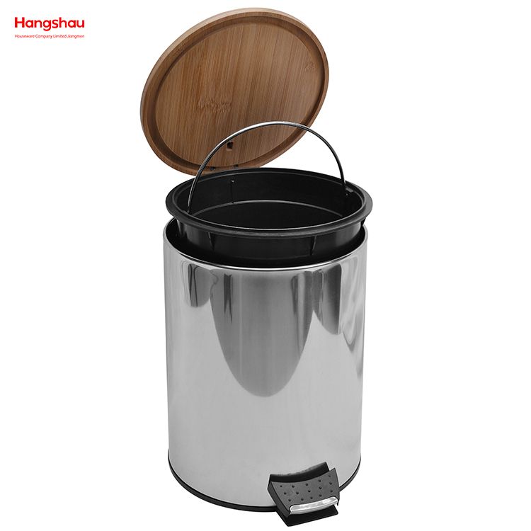 5L الخيزران البولندية المطبخ سلة المهملات الحمام المنزلية حاوية القمامة من الفولاذ المقاوم للصدأ الخيزران مرآة انعكاس تلميع دواسة مستديرة بن 