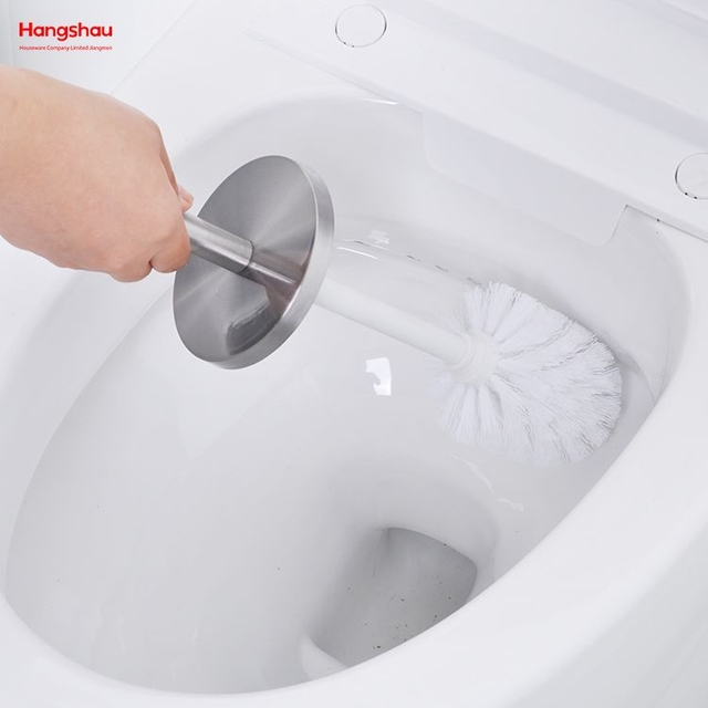 فرشاة مرحاض دائرية معدنية مع حامل فرشاة بلاستيكية مجموعة تنظيف مرحاض الحمام من الفولاذ المقاوم للصدأ غير اللامع 