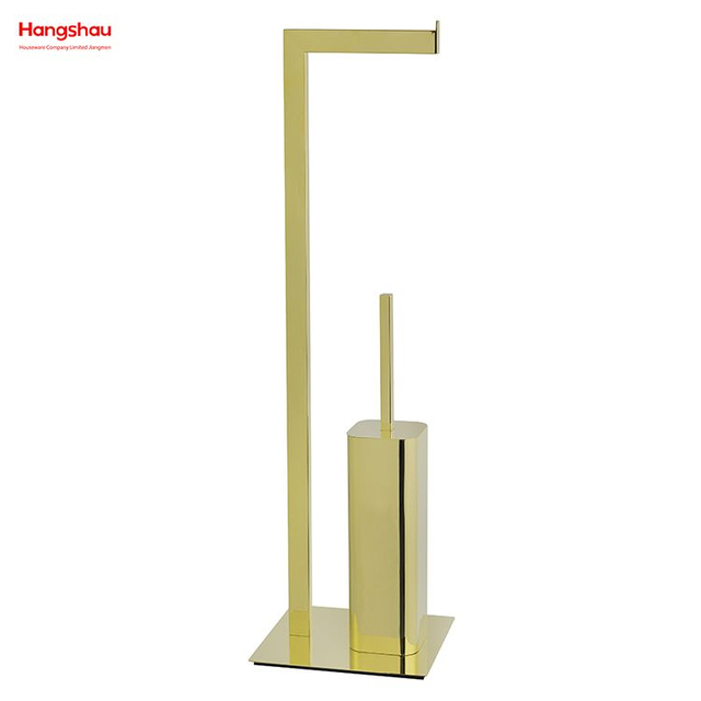 أنبوب مربع ذهبي مصقول ومضاد لبصمات الأصابع، حامل فرشاة تواليت معدني، رش ورنيش قائم بذاته، فرشاة تواليت من الفولاذ المقاوم للصدأ وحامل ورق قائم 