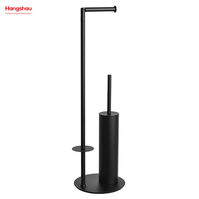 ملحق تنظيف الحمام مطلي بمسحوق أسود مع رف المناشف، ويتميز بحامل فرشاة المرحاض المعدني وحامل الورق 